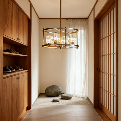 Luminaire suspendu 4 lumières Modern Farmhouse Drum Chandelier, plafonnier rond doré pour table de salle à manger au-dessus d'une table avec tringle réglable