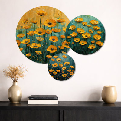Jaune jaune et bleu, «Buttercups meadow I» - ensemble d'art mural en métal sur 3 boutons d'or
