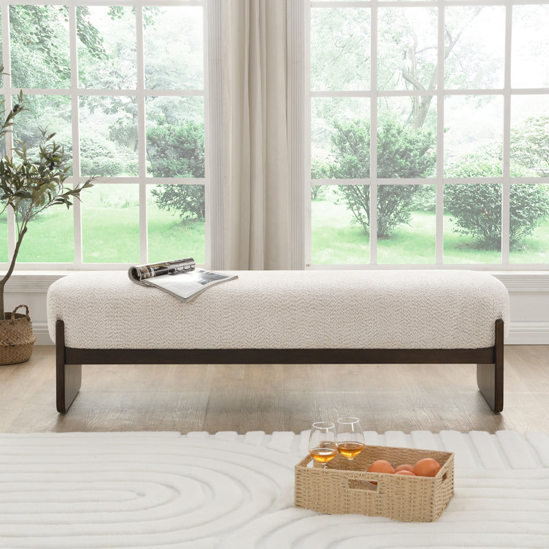 Repose-pieds 64,17 po de long rectangulaire en laine beige avec cadre en bois d'ingénierie robuste, pour le salon et la chambre à coucher
