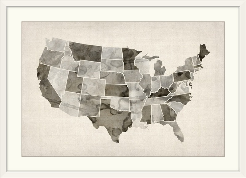 «Carte des États-Unis d'Amérique» par Bellen, impression, H 24 po x l 32 po x P 1 po, Cadre blanc