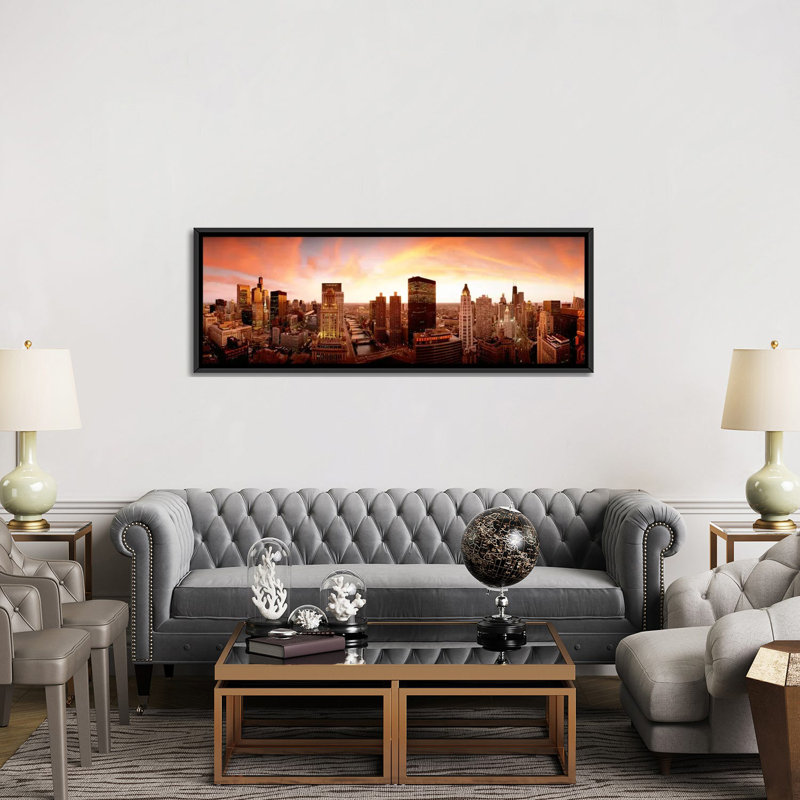 «Sunset Skyline Chicago IL USA» par Panoramic Images, reproduction sur toile, H 20 po x l 60 po x P 1,5 po, Cadre noir