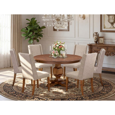 7-pc Dining Set consists of a modern kitchen table and 6 Light Tan Linen Fabric dining room chairs with Padded Back - Antique Walnut