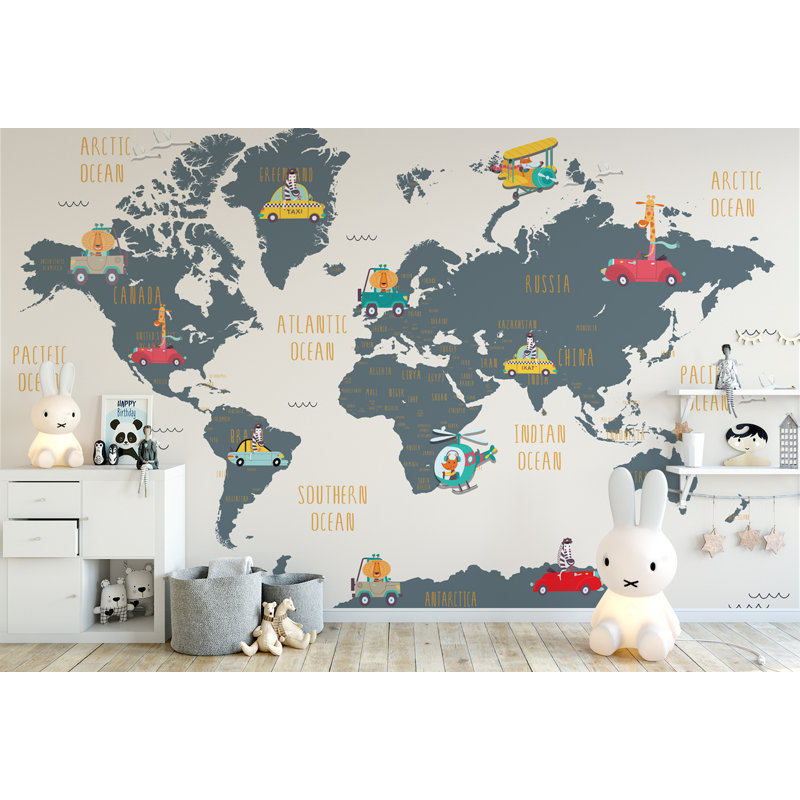 Murale carte du monde et dessin d'animaux, Gris foncé, L 114 po x l 204 po