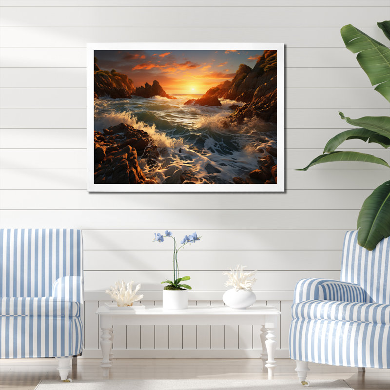 Rocky Beach Coastal Surrender I - Nautical & Beach Wall Art Prints, H 16 po x l 32 po x P 1 po, Cadre simple blanc