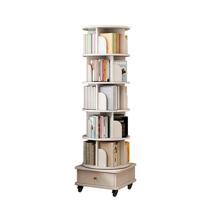 6 Tier Rotating Bookshelf, 360° Display Round Spinning Bookshelf with Wheels and Drawer, Space-Saving, Small Space Rotating Bookshelf Tower for Bedroom, Living Room, Home, Office