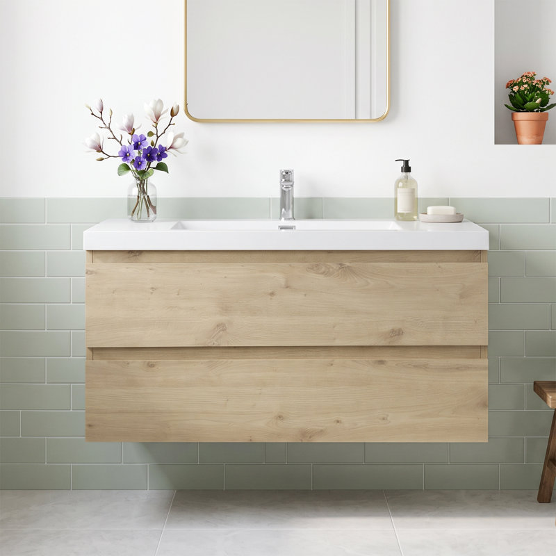 Meuble-lavabo mural de 42 po en chêne MFC avec dessus en résine blanche brute et carbonate de calcium, deux tiroirs coulissants en forme de U à fermeture douce, préassemblé