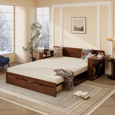 Grand lit de jour avec bureau amovible, tiroirs de rangement et table d'appoint hydraulique, espresso