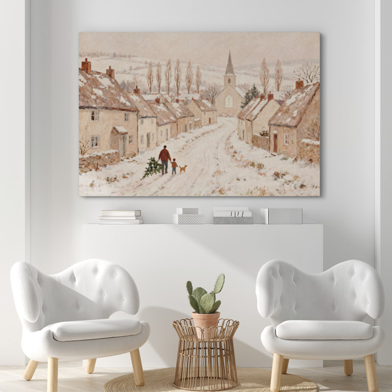 «Vintage Snowy Village with Father and Child Carrying Christmas Tree», reproduction d'art sur toile, H 32 po x l 48 po