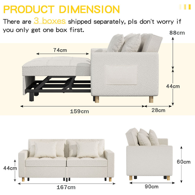Borchert 2 Seater Fabric Sofa Bed, White Teddy