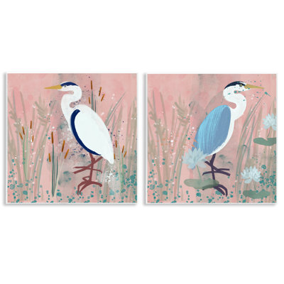 «Blue Heron Egret Cattail Marsh», ensemble de 2 plaques murales par Juliet Rose Philips