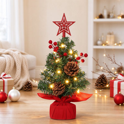 12" Pre-Lit Battery-Operated Tabletop Christmas Tree with 20 LED Lights & Star Topper | PVC Mini Tree with Pine Cones & Red Berries for Small Spaces