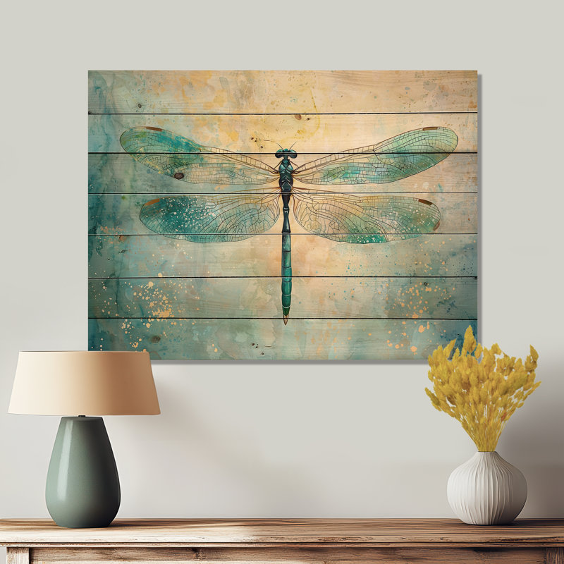 Libellule émeraude ailes irisées I - décoration murale moderne en bois sur bois de pin naturel, H 30 po x l 40 po