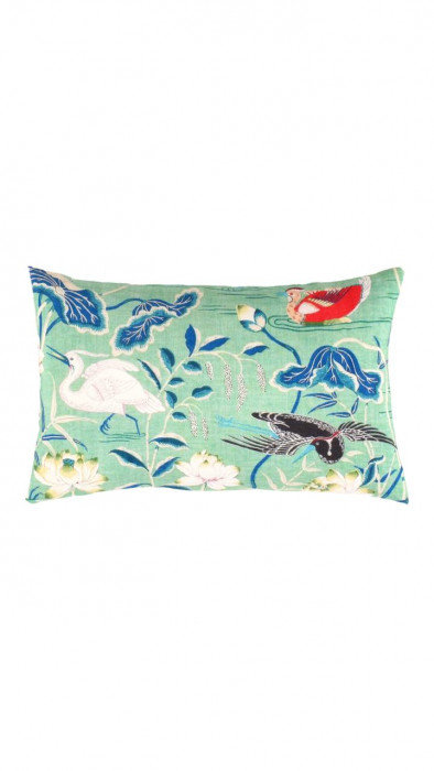 Coussin oriental turc en soie fine 16 po x 24 po, Bleu/blanc/vert