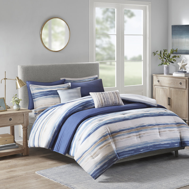 Ensemble d'édredon pour lit double / grand 8 pièces Marina, Édredon double / grand + 2 taies décoratives , Bleu