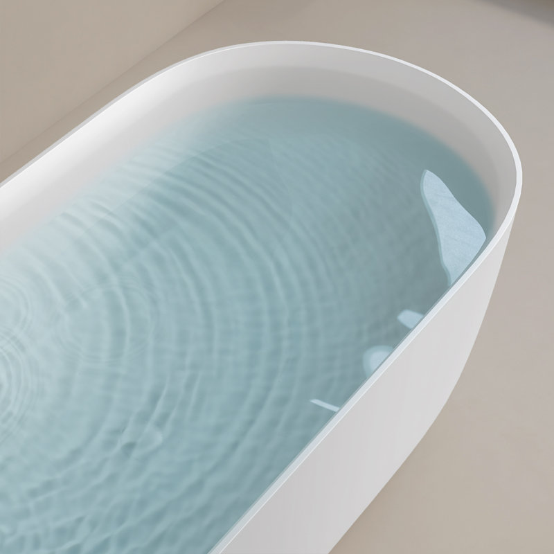 Baignoire autoportante de 63 po en résine solide à surface solide de conception contemporaine avec bonde escamotable et trop-plein blanc mat 63 po