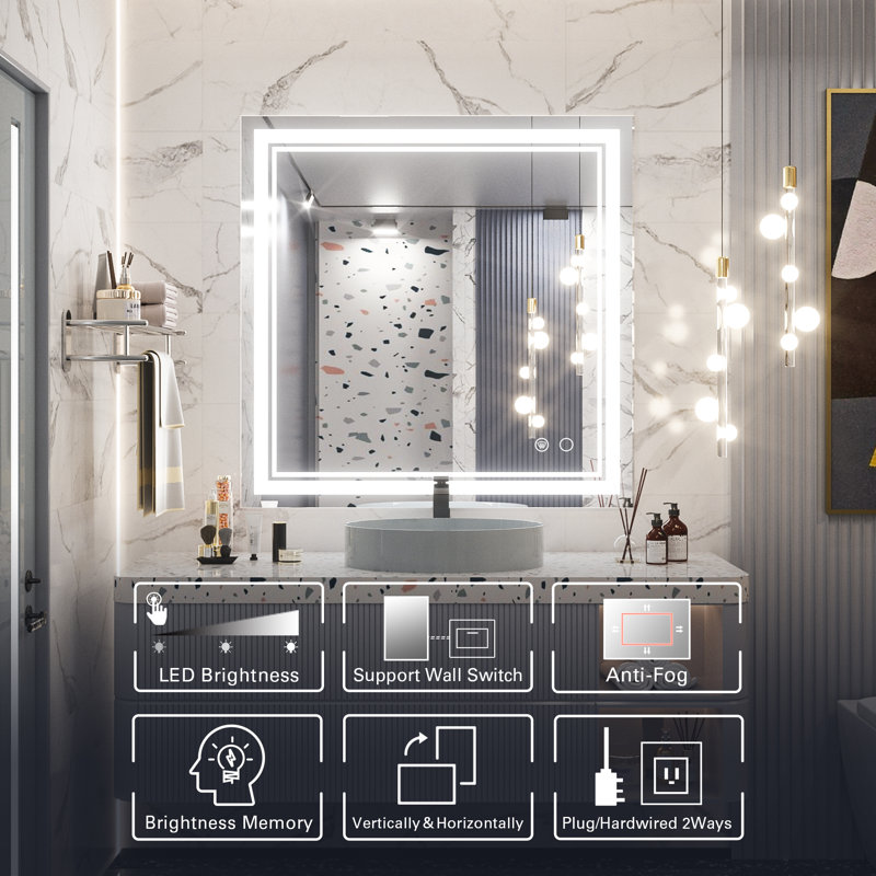 Adorna Frameless LED Lighted Bathroom / Vanity Mirror with Brightness Adjustable, Memory Function, Anti-fog, 36" x 36"