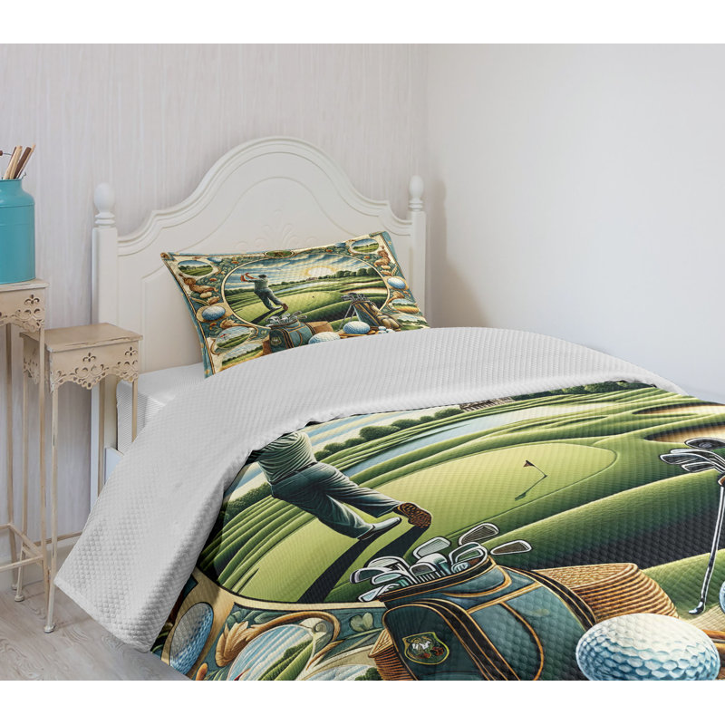 Twin Blue Golf Themed Quilted Bedspread Set