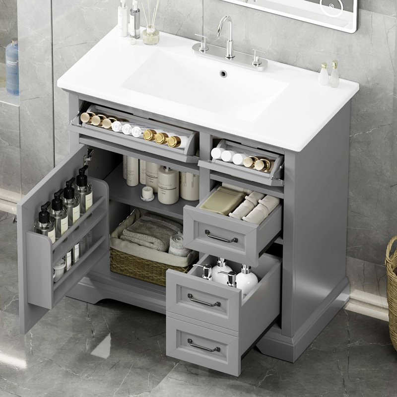Meuble-lavabo 36 po avec lavabo, lavabo en céramique, 2 tiroirs basculants, charnières de porte à fermeture en douceur
