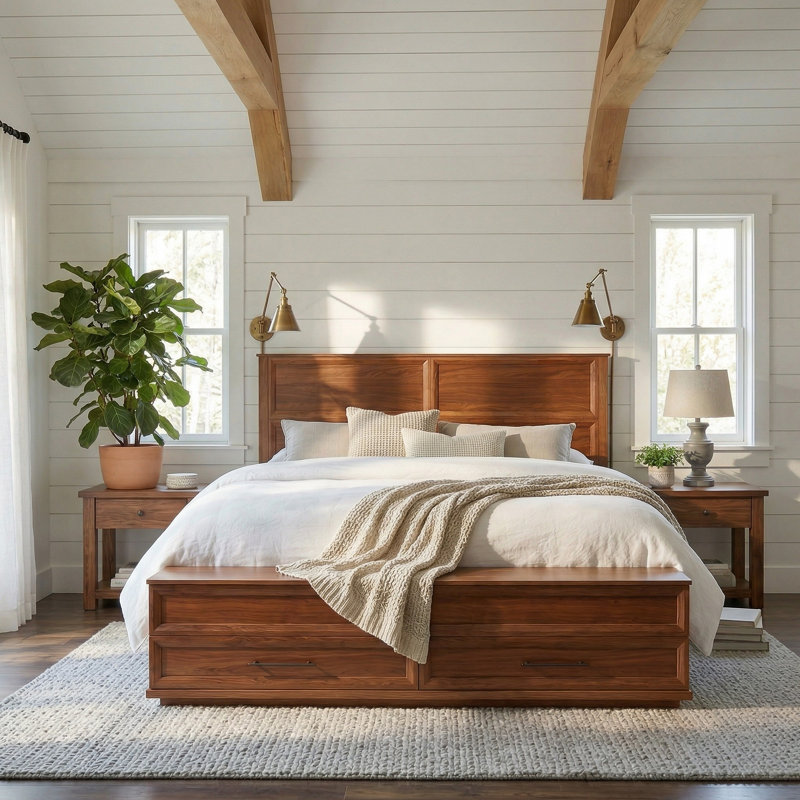 Wood Storage Bed with 4 Drawers and Bench, Geometric Headboard Platform Bed Frame, Walnut, King