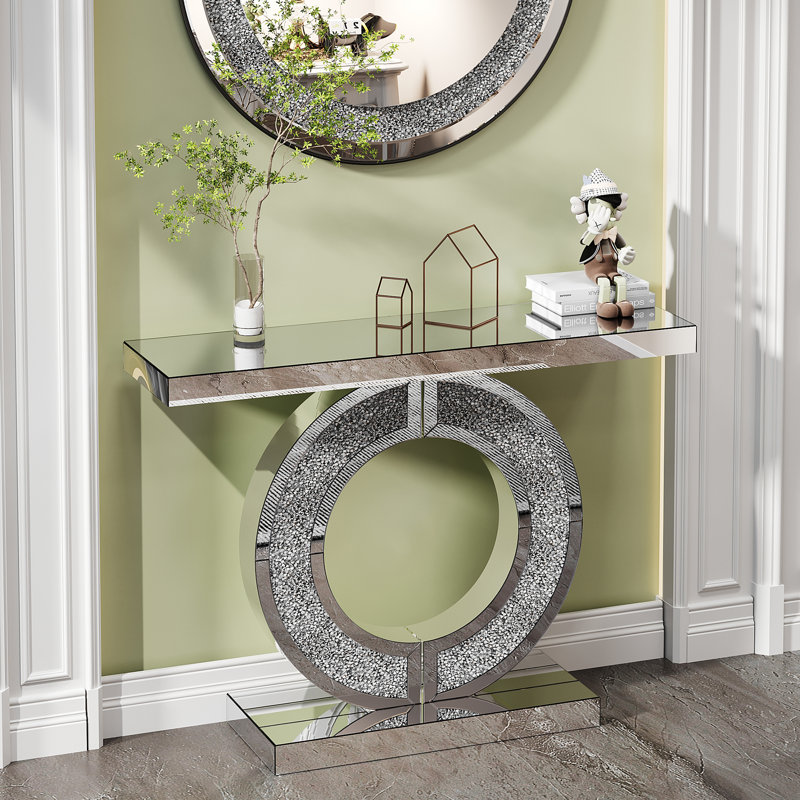 O Shaped Mirror Console Table with Crystal Hallway Entry Home Décor