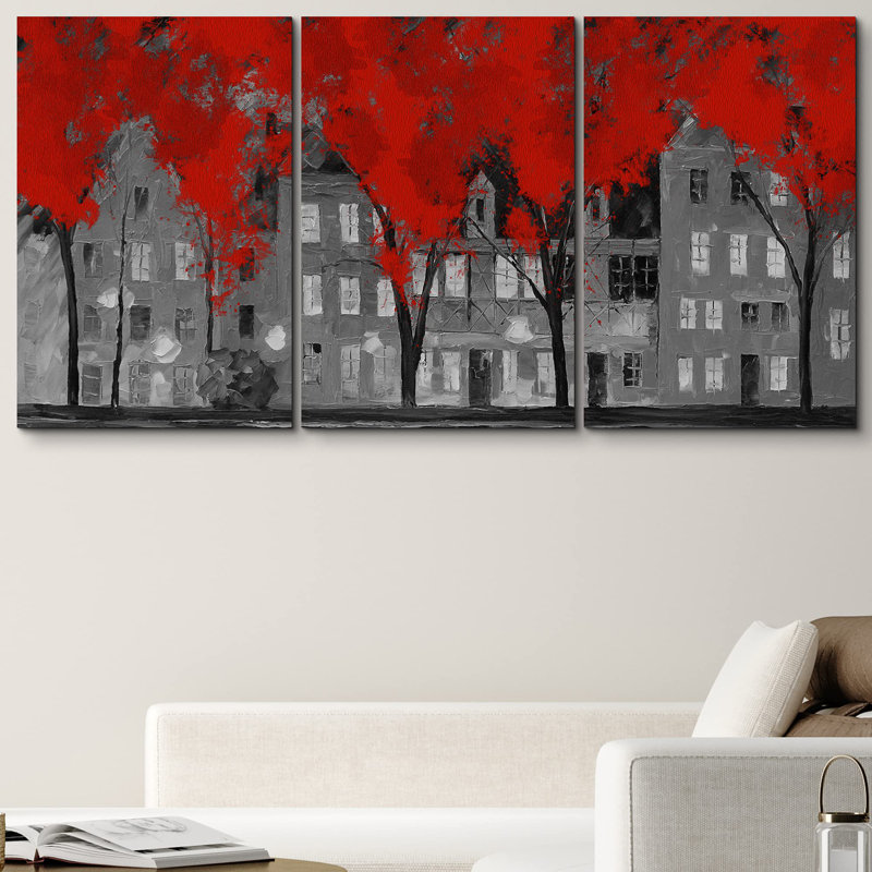 Moody rouge foncé ville et arbres abstraits nature aquarelle Art moderne rustique scénique Ultra, H 36 po x l 72 po
