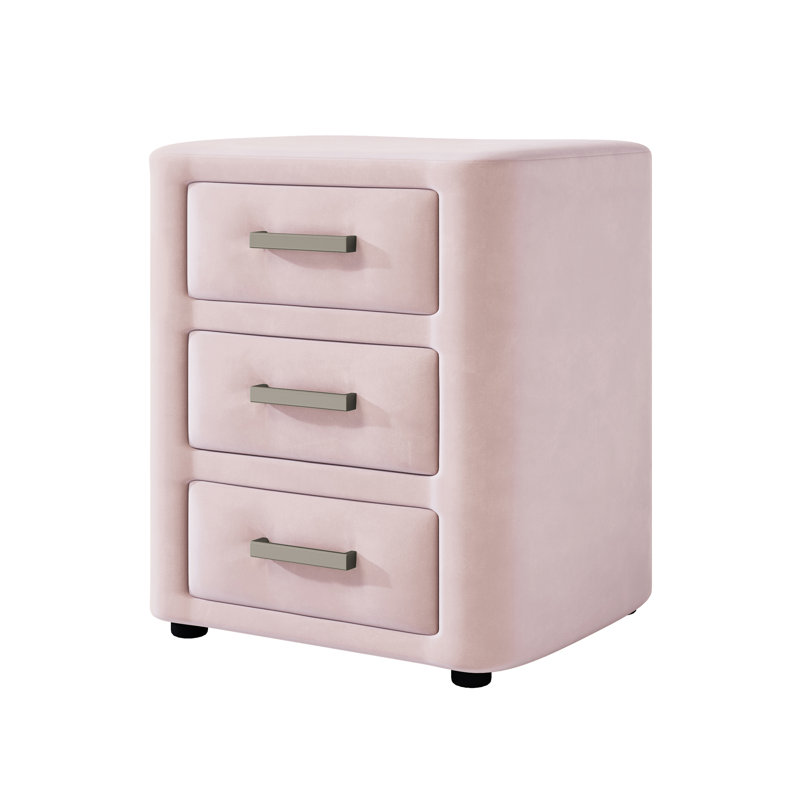 Nightstand, Upholstered Bedside Table with Vertical Storage Compartments, Compact Frame, Pink