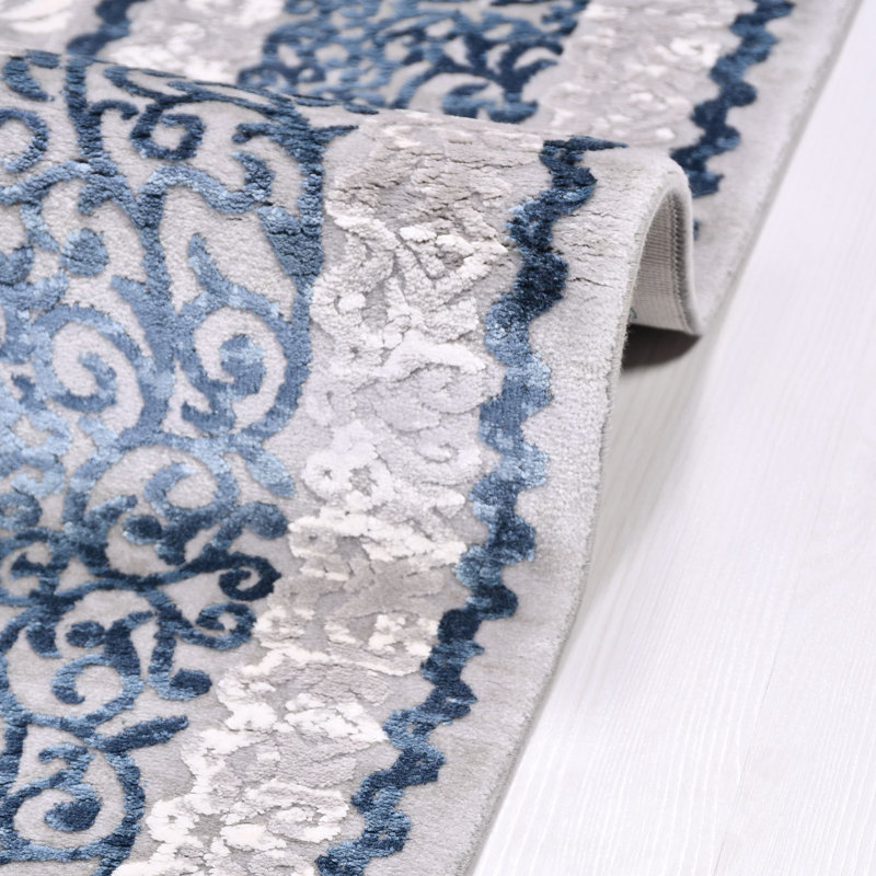 Tapis oriental beige / bleu lavable à la machine, Rectangle 6 pi 7 po x 9 pi 11 po
