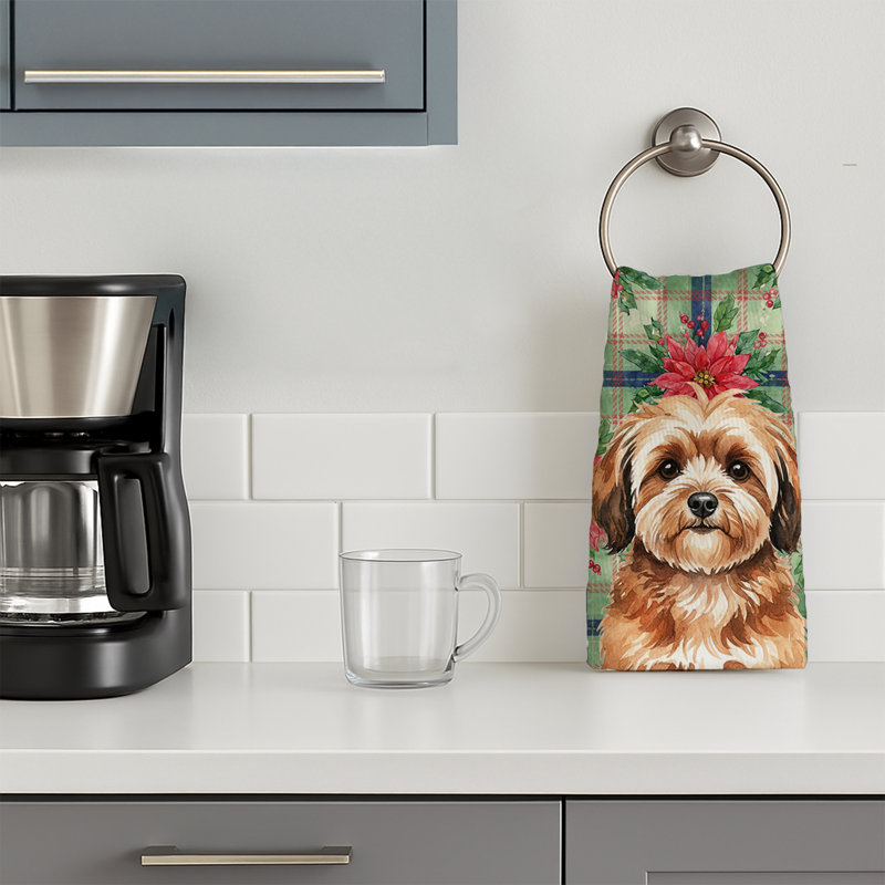 Sable Havanese Christmas PoinsettIas Kitchen Towel, Sable Havanese