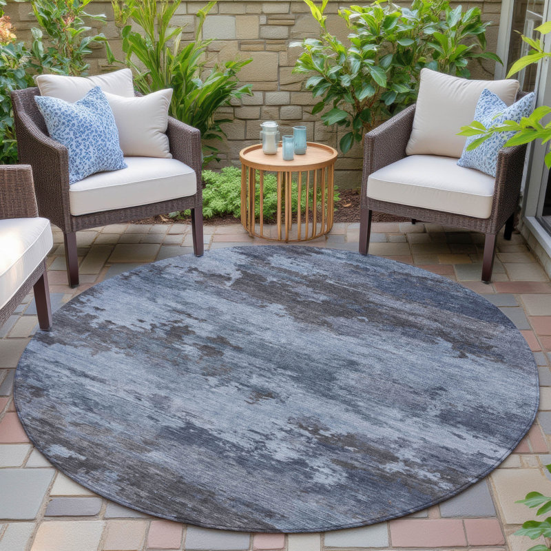Machine Washable Indoor/Outdoor Xhevrie Blue Rug, Round 8'