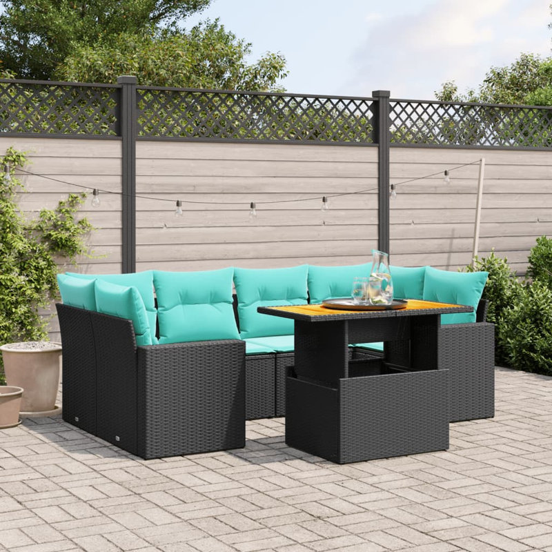 Ensemble de canapé de patio 7 pièces avec coussins en rotin de polyester, Bleu clair, Noir