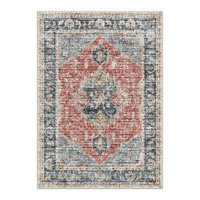 Abdullah Vintage Floral Machine Washable Blue / Red Indoor Area Rug with Non-Slip Backing
