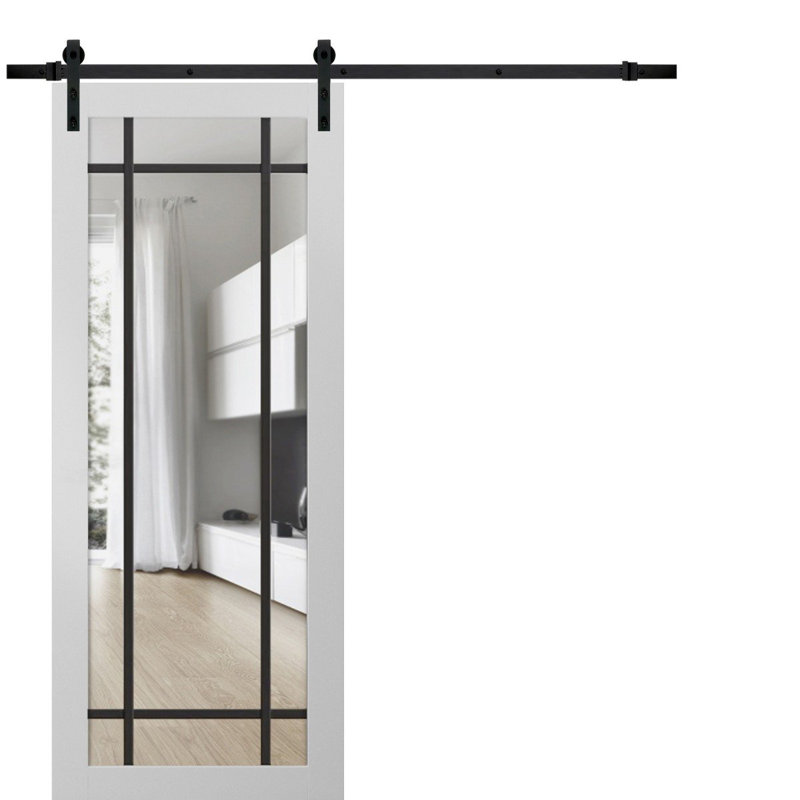 Porte de grange robuste en verre trempé transparent Lucia 2266 Blanc Soie de 2 m (6,6 pi) avec rails noirs et quincaillerie renforcée. Porte intérieure moderne à panneaux pleins - 71 cm x 203 cm (28 po x 80 po) - Verre transparent - Rail noir