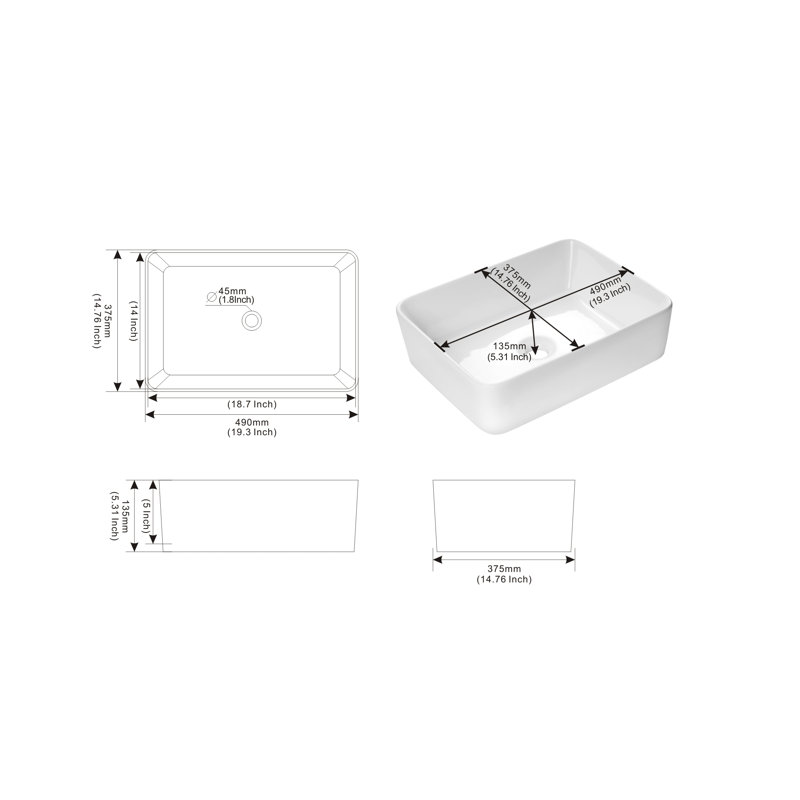 Lavabo de salle de bain rectangulaire en céramique pour bateau