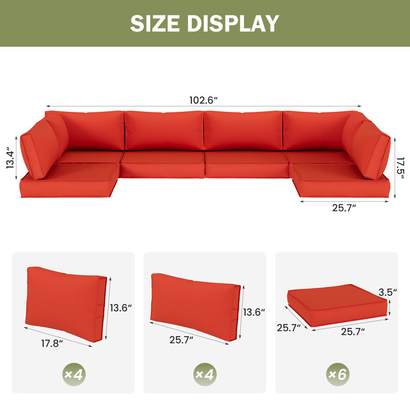 14-Piece Outdoor Sectional Cushions Set, Replacement Patio Cushions with Water-Resistant & Fade-Resistant Fabric, Non-Slip Seat Cushions with Zippered Covers for Patio Furniture
