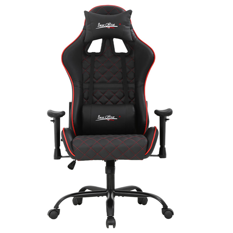 Fauteuil de jeu ergonomique avec soutien lombaire avec appui-tête et accoudoirs réglables, Rouge