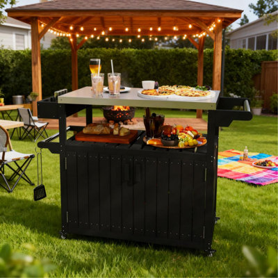Plateau de table de bar extérieur, chariot de bar extérieur avec rangement, îlot de cuisine à roulettes pour la préparation des aliments