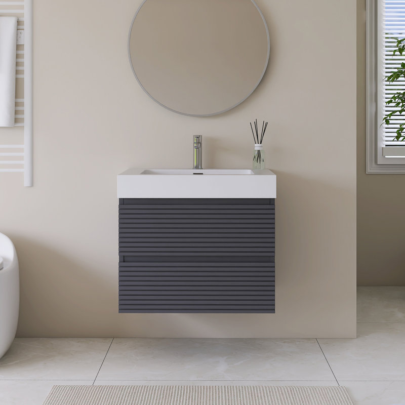  Meuble-lavabo mural simple gris avec plateau en résine intégré blanc, 24"