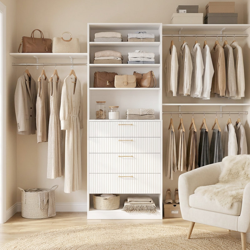 23.6"-115" W Closet System with Rods and Drawers, 2-9.6 ft Ajustable Reach-in Closet System