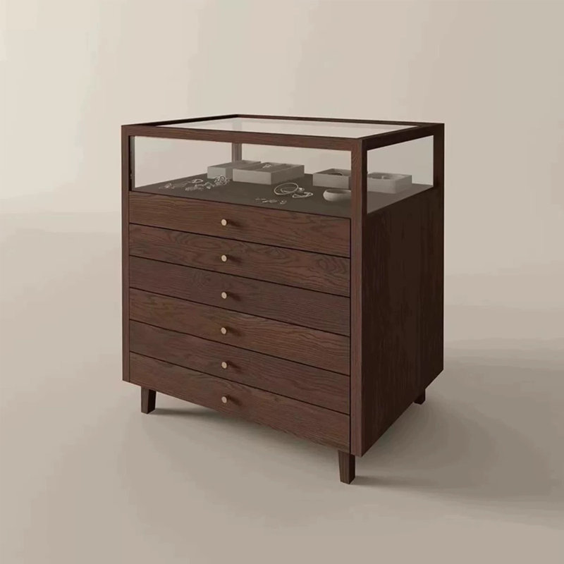 Small Display Case with 6 Storage Drawers and Tempered Glass Top for Product Showcases and Collectibles