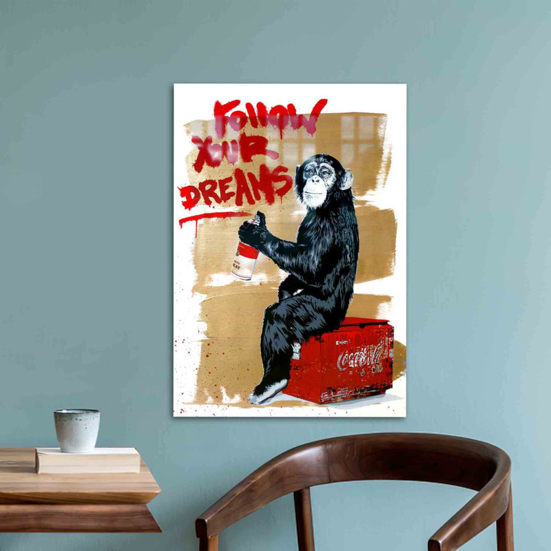 Décoration murale de singe Street Graffiti sur verre pour la maison et le bureau, H 35,4 po x l 59,1 po