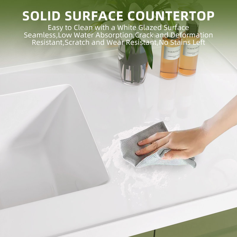 42 Inch Solid Surface Bathroom Vanity Top with Left Side Integrated Single Sink, Bright White 2" Thick Countertop, Raised Edge & Backsplash
