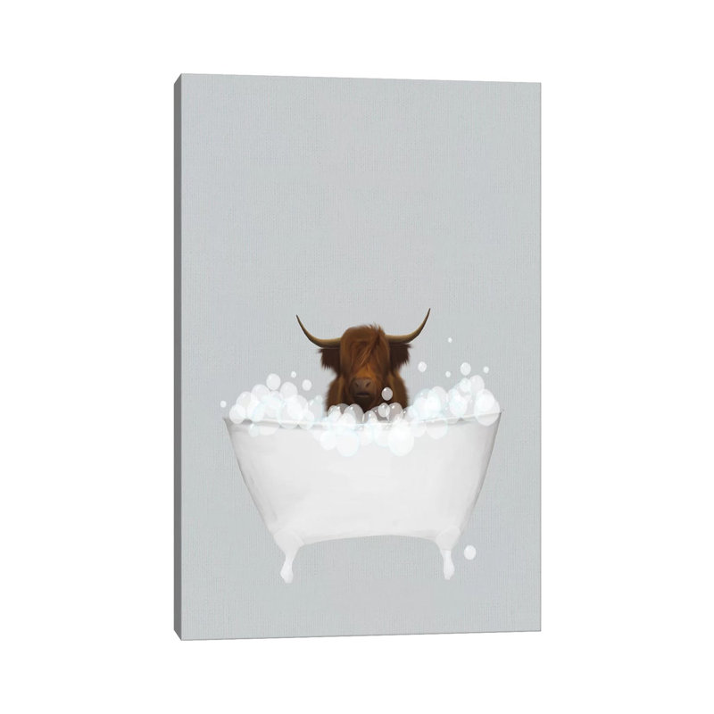 Highland Cow Blue Bath by Leah Straatsma - Wrapped Canvas Painting, 101.6 cm H x 66.04 cm W x 1.91 cm D