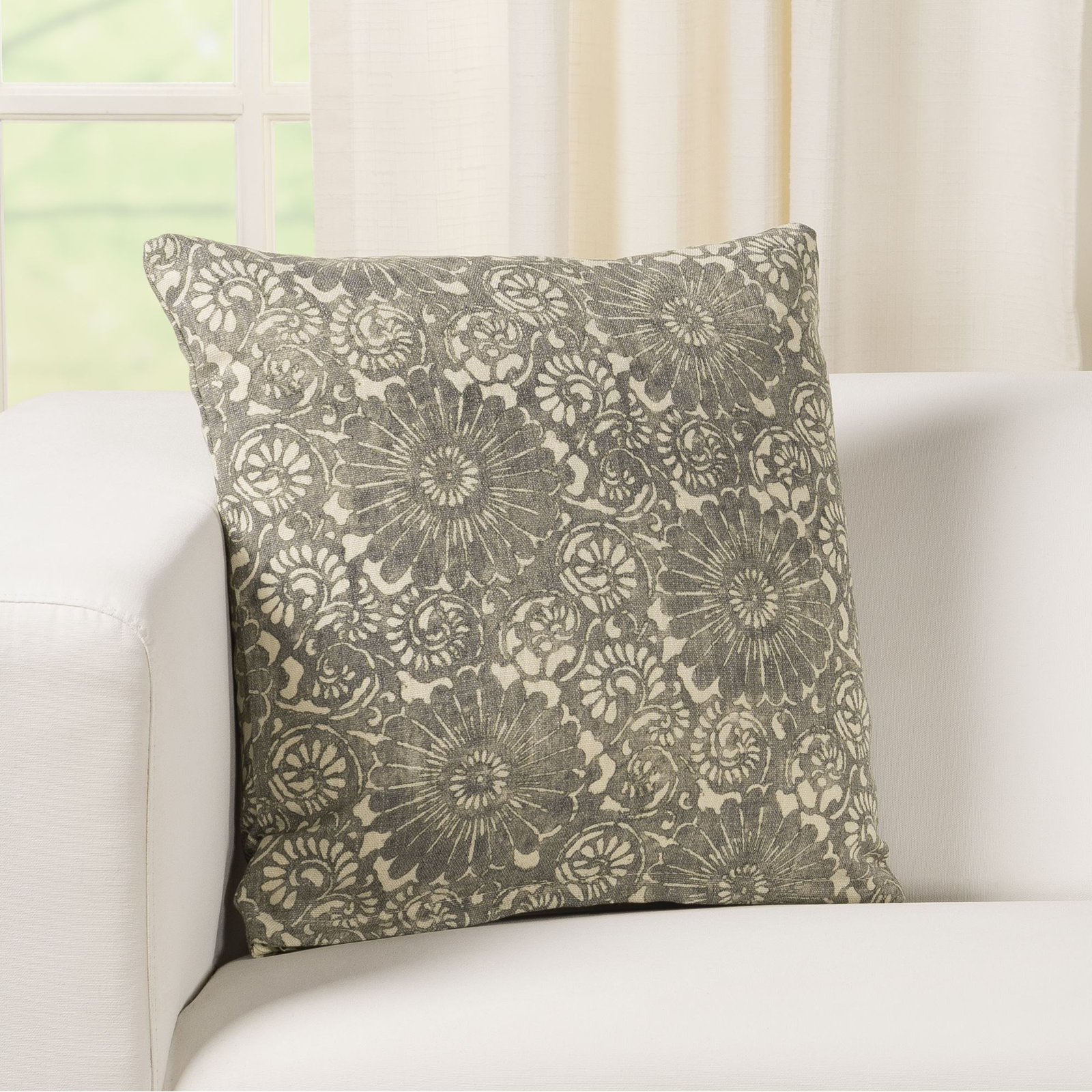 Hansah Throw Pillow, Feather, Square 20", Evergreen Floral
