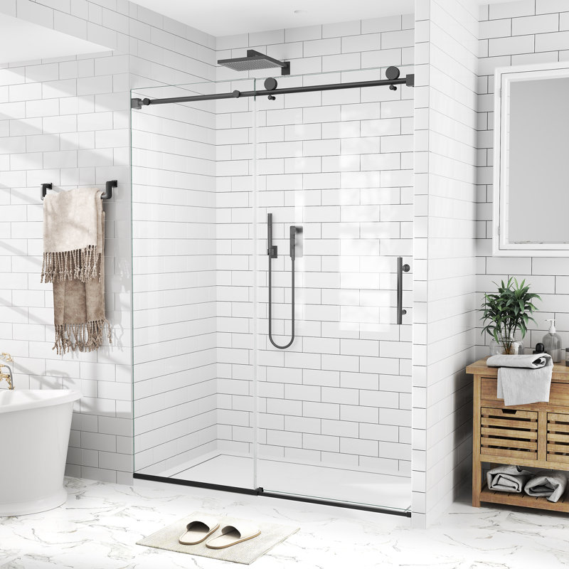 56–60" W X 76" H Frameless Sliding Shower Door 3/8”(10mm) Tempered Glass And Stainless Steel Hardware, Matte Black