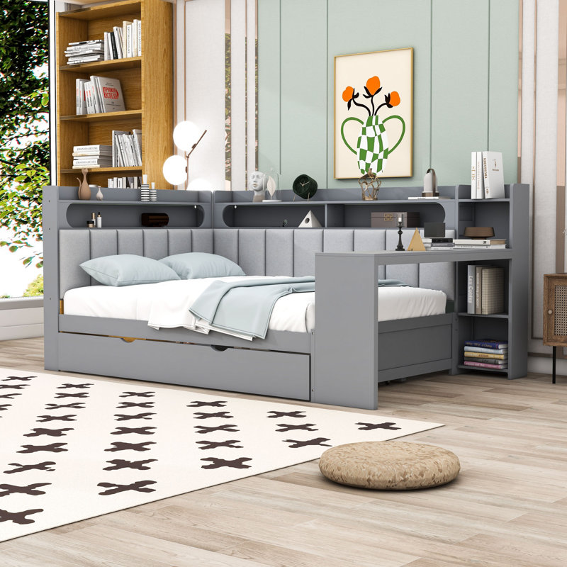 Full-Size Daybed with Built-in Storage, Desk, LED Lighting, and Charging Station, Gray