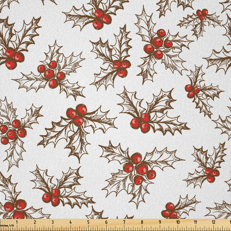 Fabric by the meter, holly berry leaves, scarlet brown, 10m (230 x 1000cm)