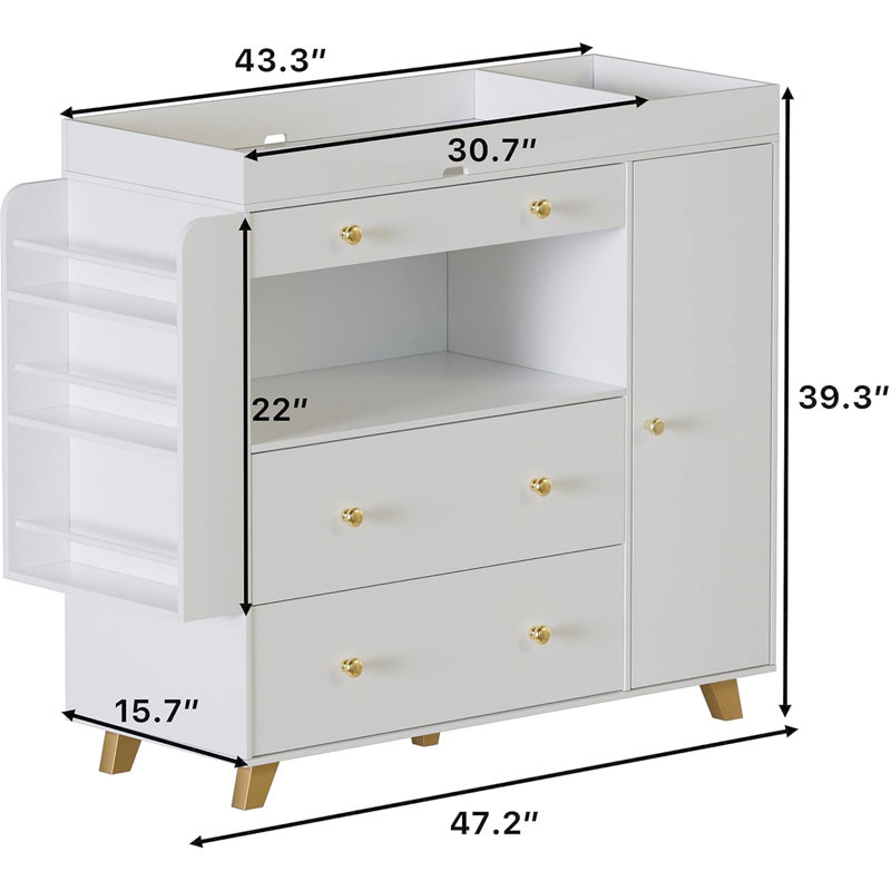 Commode à langer avec plateau de table large, 3 tiroirs, commode à langer