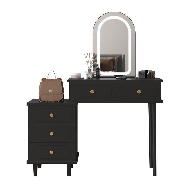 Makeup Vanity Desk with Mirror and Lights, Modern Black Vanity Table with 2 Drawers & Adjustable 3-Drawer Cabinet, Black