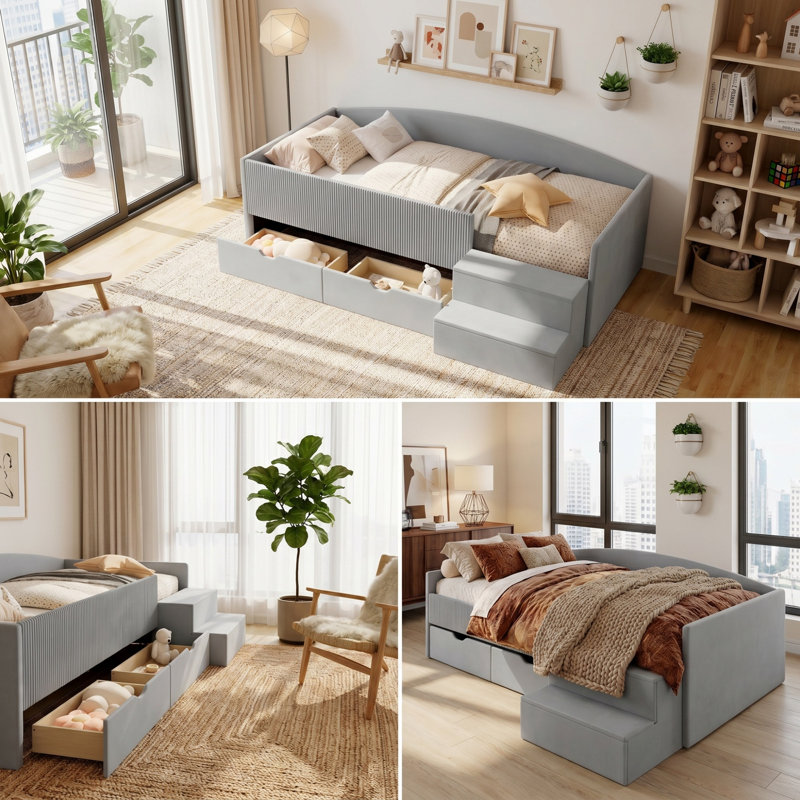 Structure de lit de jour rembourrée avec tiroirs de rangement, lit plateforme moderne en velours doux et velours côtelé pour l'organisation de la chambre à coucher