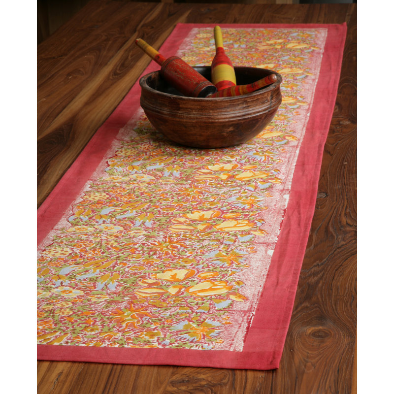 Handcrafted Water Resistant Floral Table Runner, 90" L x 16" W, Red